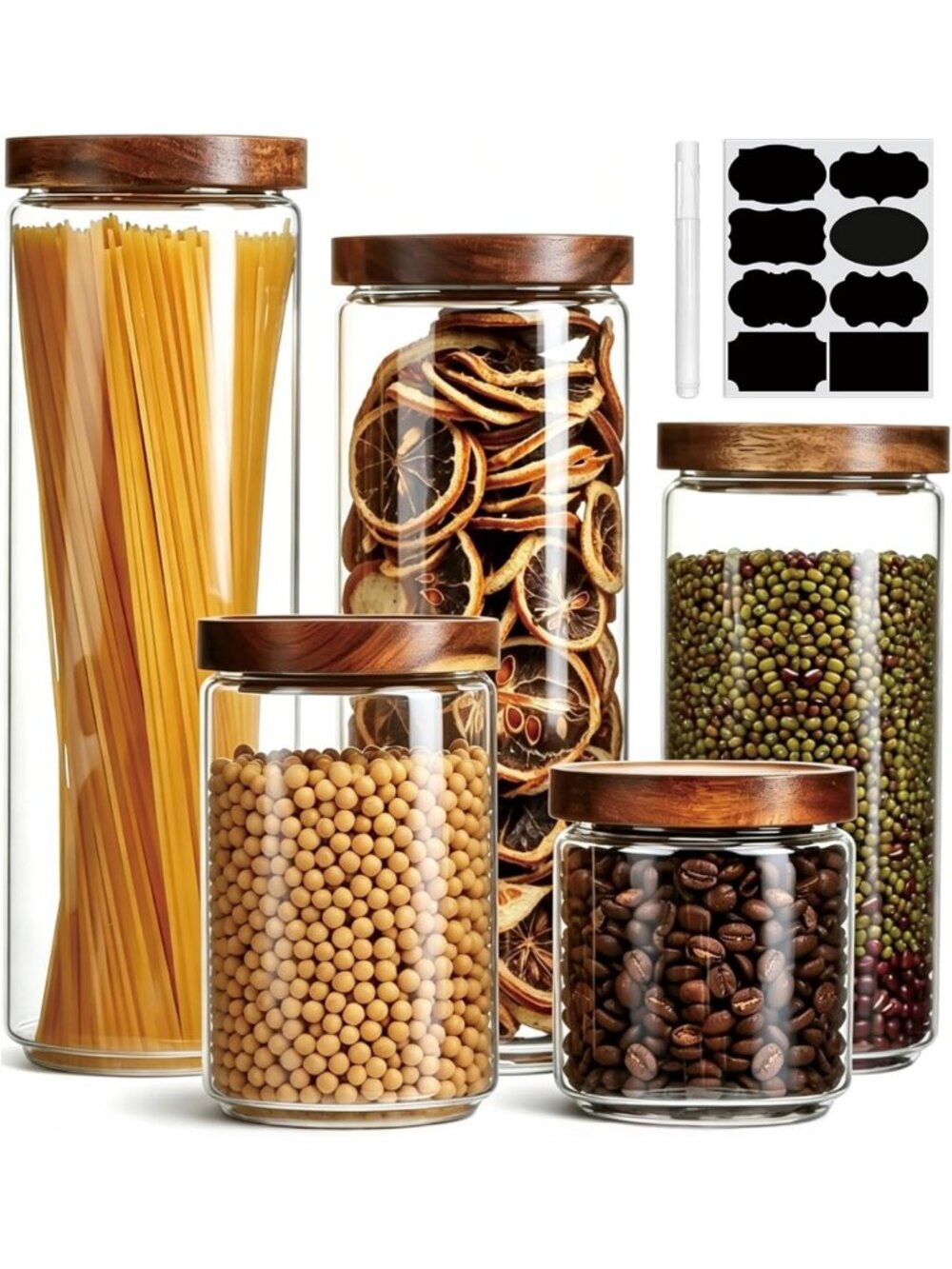 Stylish Glass Canisters with Wooden Lids - 5 Pack Kitchen Storage Jars